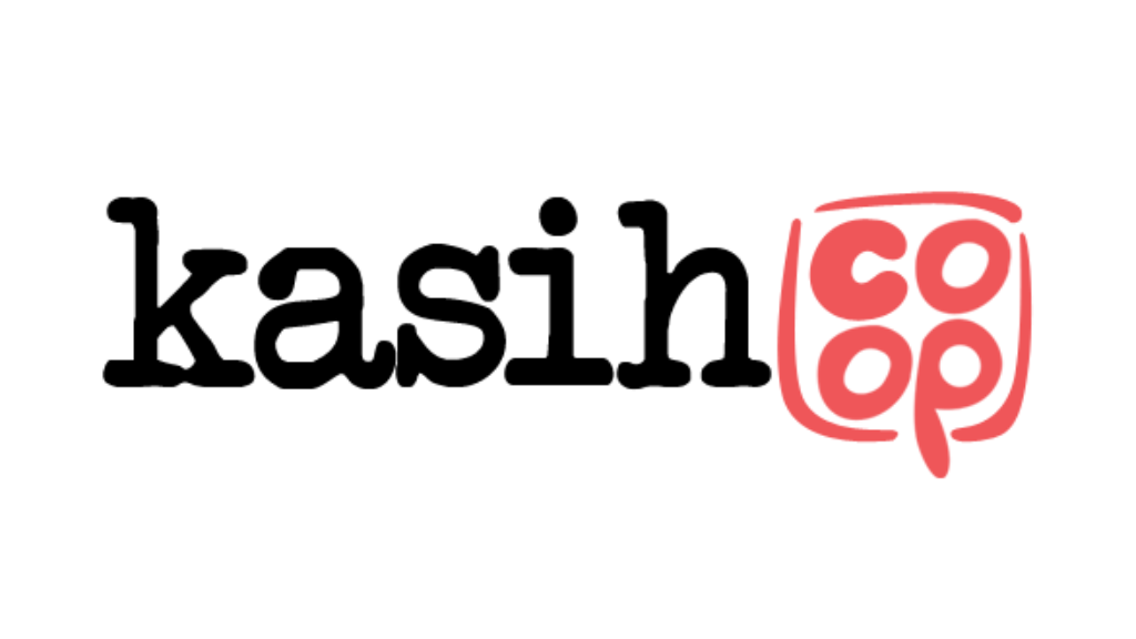 Logo of kasih co-op with 'kasih' in black and 'co op' in red on a white background
