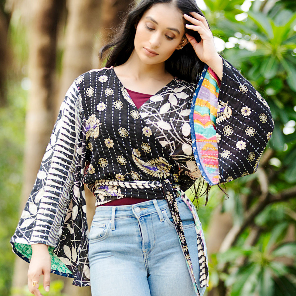 Reversible Black Kantha Butterfly Top