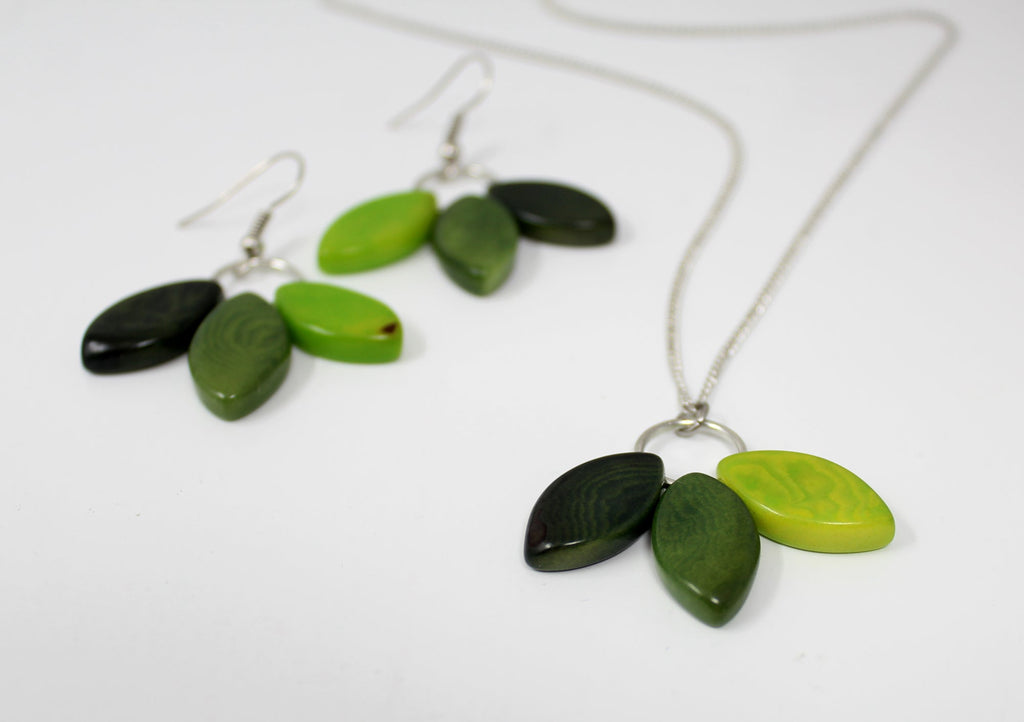 Tagua Jewelry Set: Necklace & Earrings Leaves in Green Tones Handmade Fairtrade
