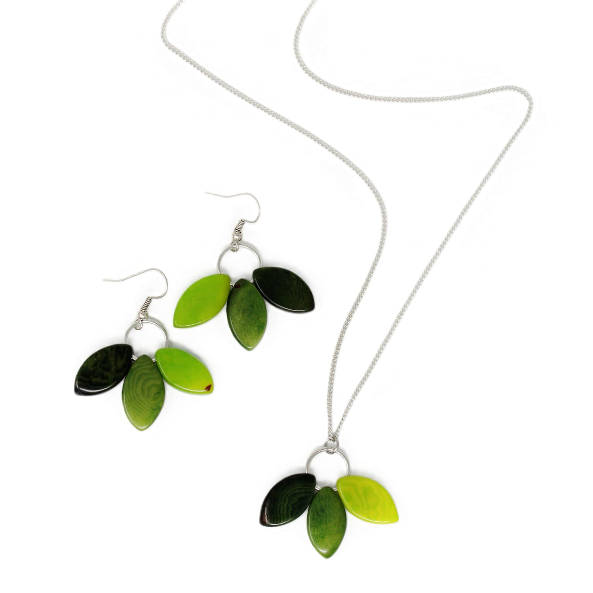 Tagua Jewelry Set: Necklace & Earrings Leaves in Green Tones Handmade Fairtrade
