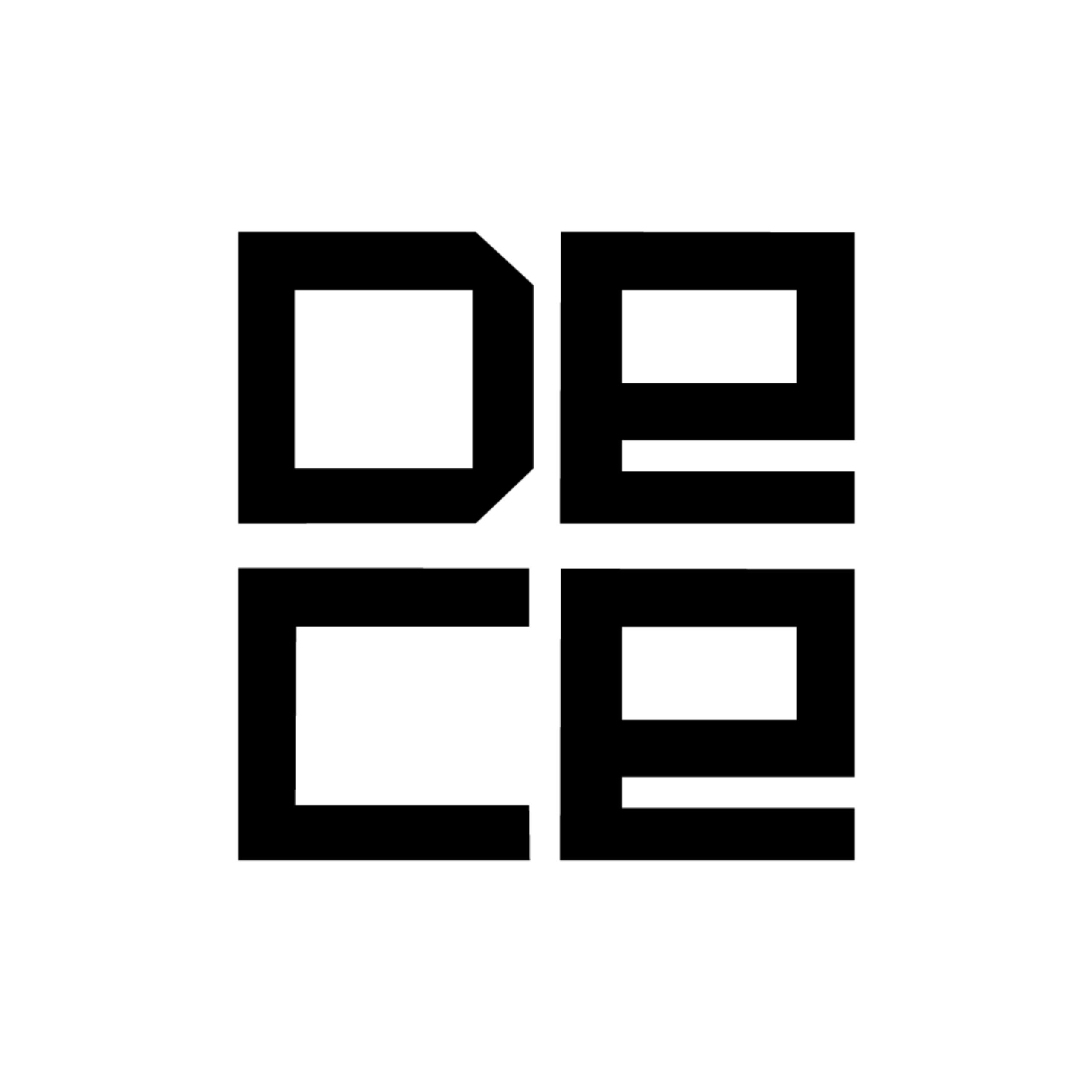 Black and white minimalist graphic with four bold, square-like shapes arranged in a grid, resembling abstract letters or code. The geometric, symmetrical design subtly nods to the balance and transparency of fair trade principles.