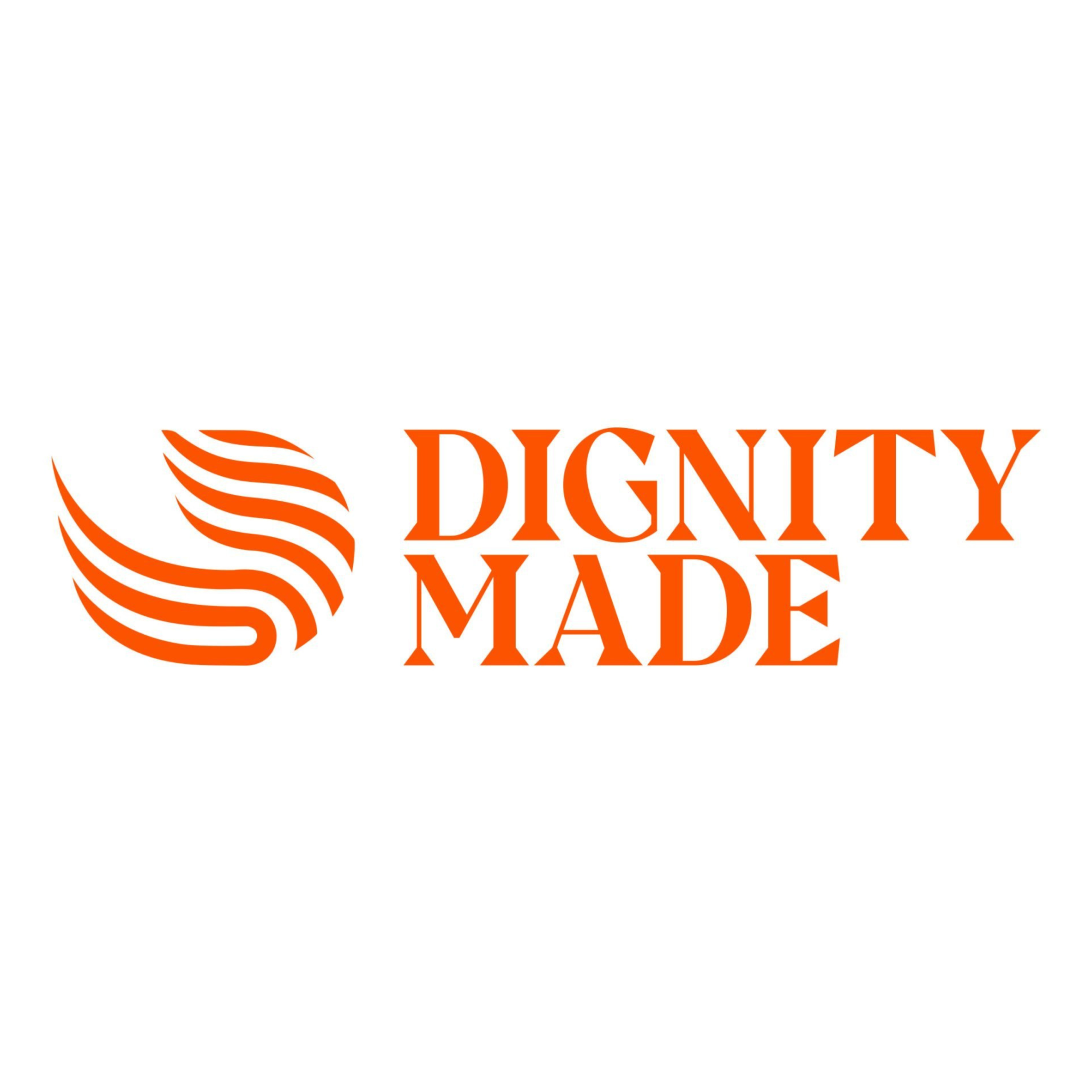 The image shows an orange logo with a stylized wing on the left and the words DIGNITY MADE in bold, capital letters on the right, highlighting a fair trade commitment. The background is white.